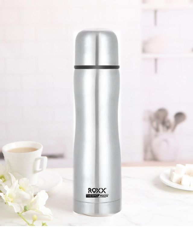 Roxx Curvy Bullet Flask | 500 ml | Double-Wall Insulated | Hot/Cold | BPA-Free | Silver