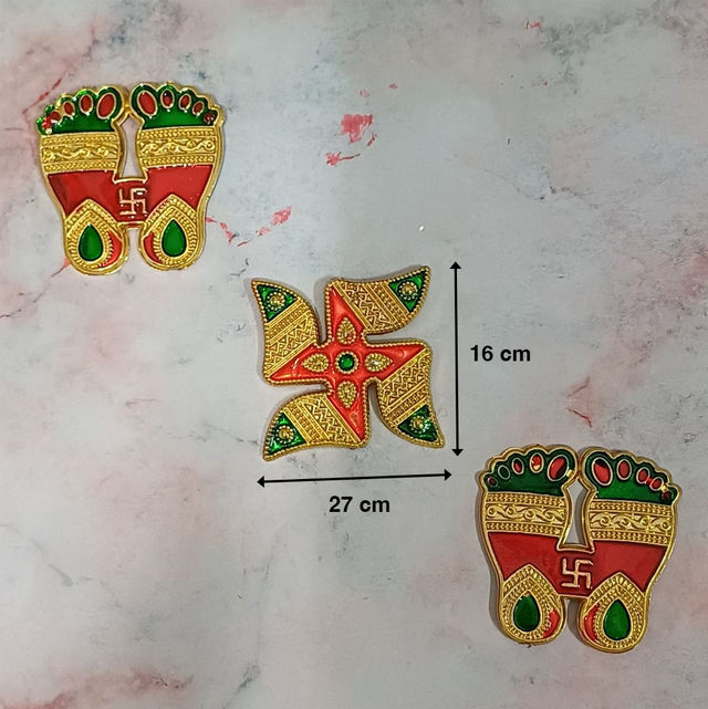 Gullak Auspicious Symbols Multicolour Plastic Stickers Pair Of Charan And Swastik