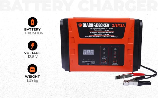 BLACK+DECKER BC12-B2 12.8V 2/8/12 Amp 3-Speed Automatic Battery Charger & Manual Control, Orange