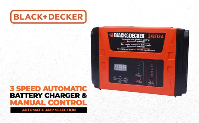 BLACK+DECKER BC12-B2 12.8V 2/8/12 Amp 3-Speed Automatic Battery Charger & Manual Control, Orange