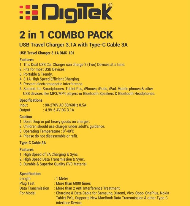 Digitek Charger USB Travel 3.1A DMC 101 C