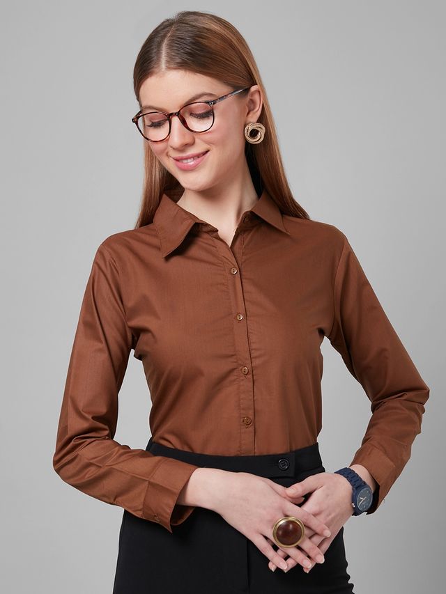 Style Quotient Women Camel Brown Smart Casual Shirt | L | AW22SQARTHA - Chocolate