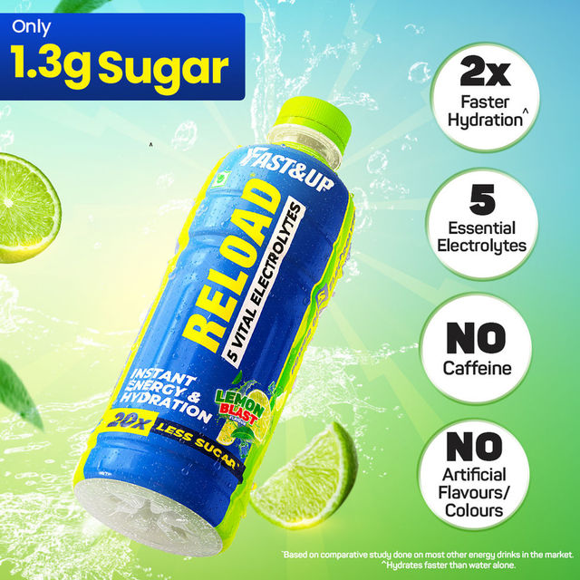 Fast&Up Reload Ready to Drink ~ Low Sugar Energy Drink Instant Energy & Hydration Drink - Lemon Flavour 500 ml Combo   