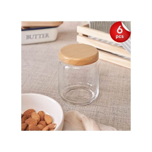 Ocean Pop Glass Jar Set with Wooden Lid (500 ml, 6Pcs)