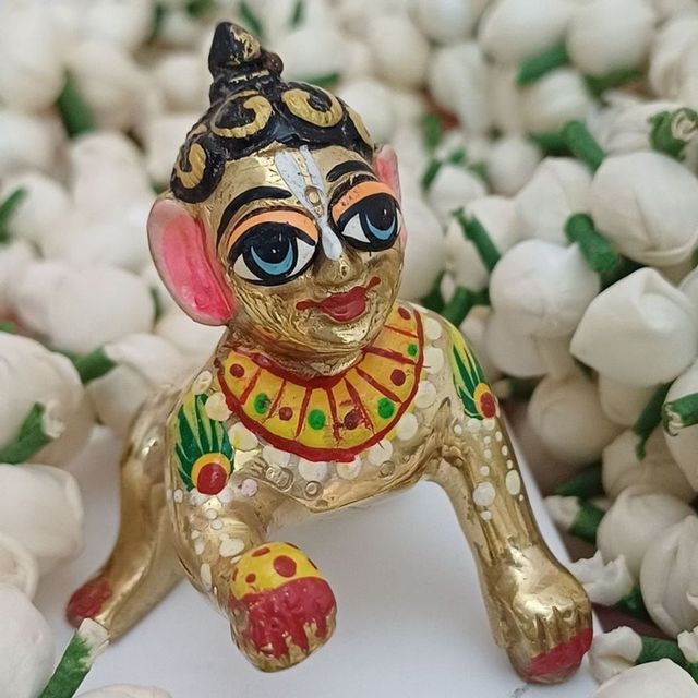 Gullak Laddoo Gopal Handpainted Brass Idol - 2.5 inch