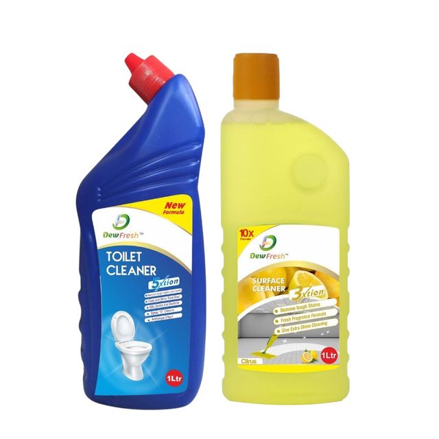 Dew Fresh Toilet Cleaner 1L + Citrus Surface & Floor Cleaner 1L (Combo Pack)(2l) & Gebi Sparkle Plus A Star Double Hockey Toilet Brush (Assorted)(1pc) Combo