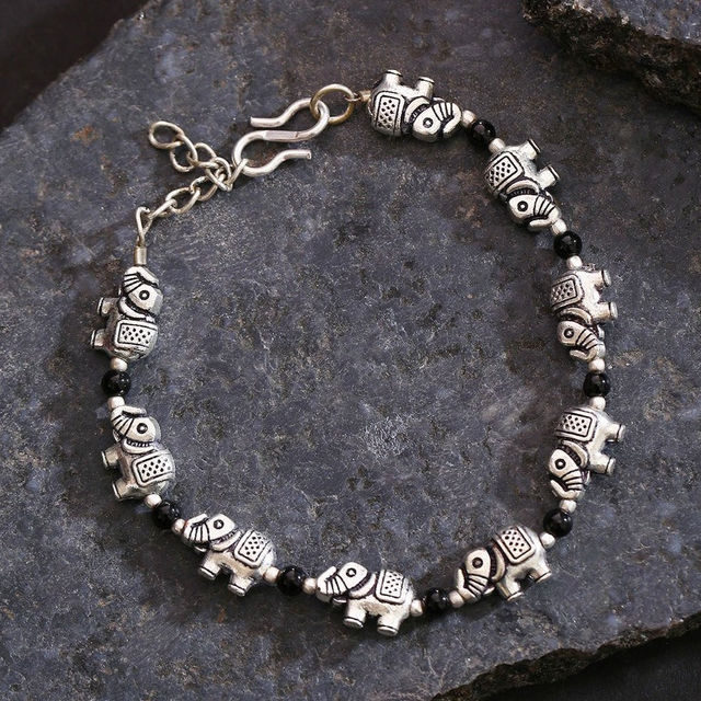 Priyaasi Antique Oxidised Silver-Toned Elephant Inspired Adjustable Chain Bracelet