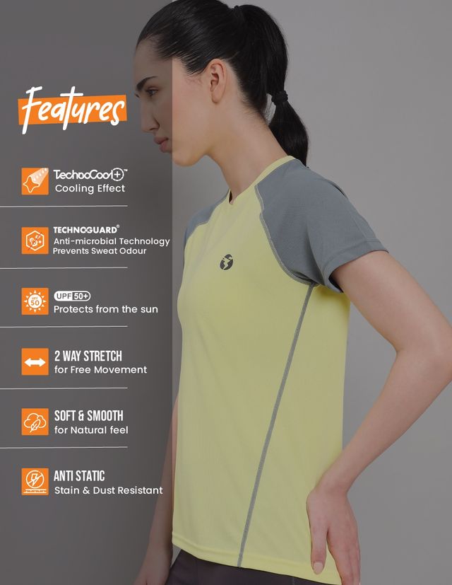 Technosport Women Colorblock Slim Fit Round Neck Sports T-shirt with Technocool - Wax Yellow XXL