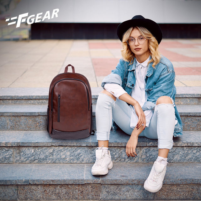 F Gear Unisex Solid Artificial Leather 27 L Laptop Backpack | Brown