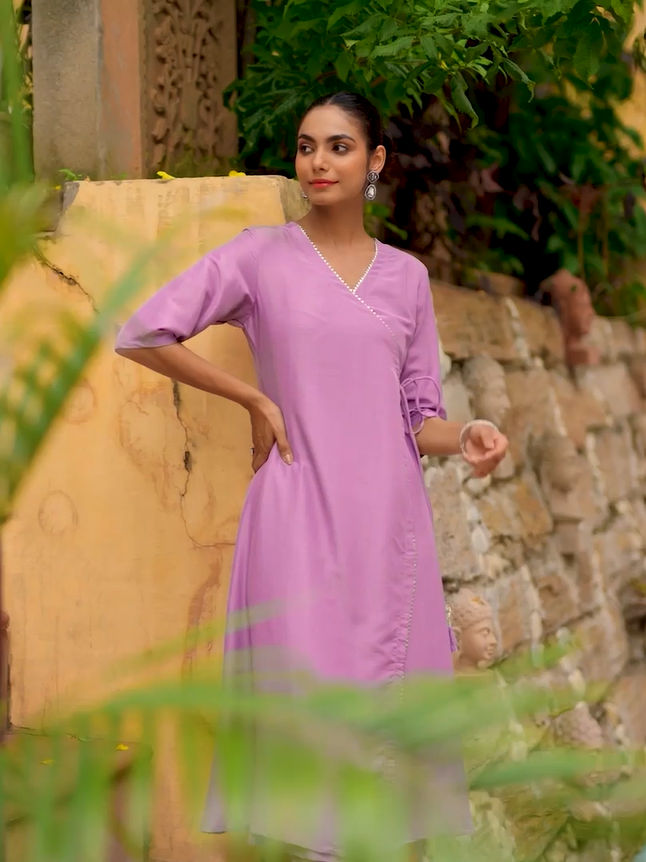Janasya Women's Lavender Silk Blend Solid Wrap Kurta Set | M