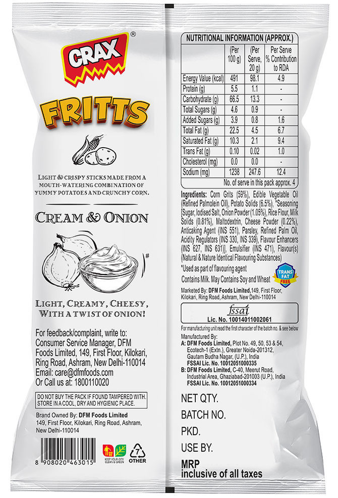 Crax Fritts Cream and Onion Corn & Potato Stick Snacks