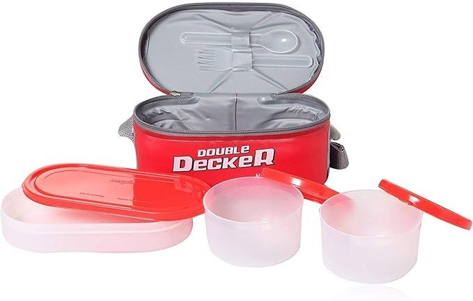 Milton Double Decker Lunch Box, Set Of 3, (450 Ml, 280 Ml, 280 Ml) Red, Microwave Safe