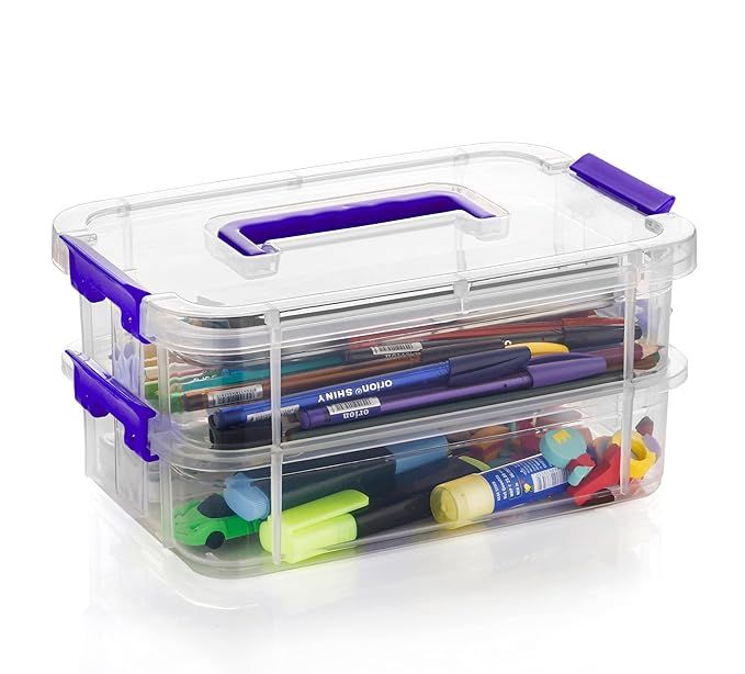 TEX-RO Plastic Purple Color Multipurpose Stationary Organizer with Lid Storage Basket 2 Layer