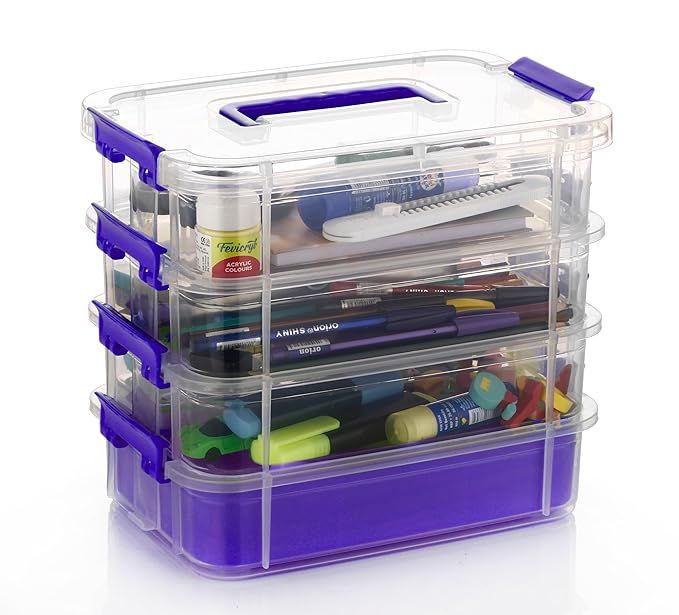 TEX-RO Plastic Purple Color Multipurpose Stationary Organizer with Lid Storage Basket 4 Layer