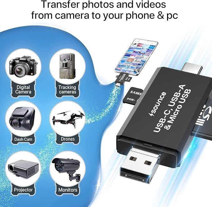 Sounce 3 In 1 Sd Card Reader Usb Type C, Usb 3.0 And Micro Usb Otg Memory Card Adapter,Black