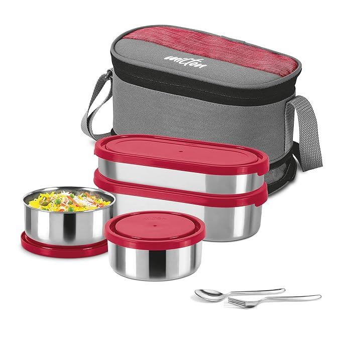 Milton Triple Decker Steel Lunch Box (2 Oval Container ; 2 Round Container & Spoons) With Bag, Red