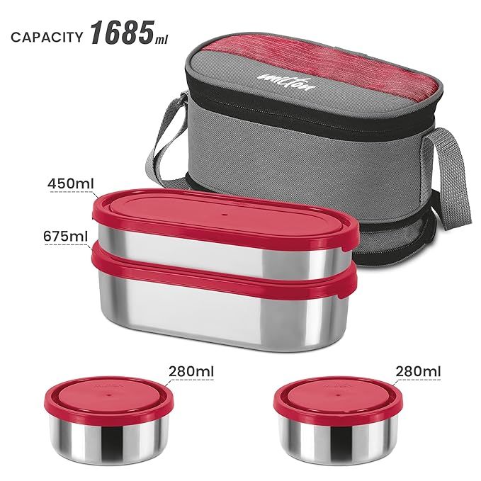 Milton Triple Decker Steel Lunch Box (2 Oval Container ; 2 Round Container & Spoons) With Bag, Red