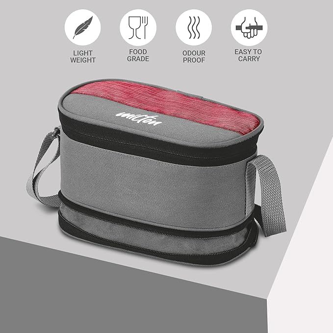 Milton Triple Decker Steel Lunch Box (2 Oval Container ; 2 Round Container & Spoons) With Bag, Red