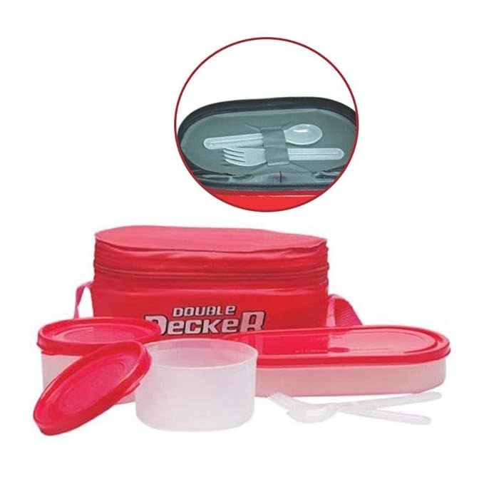 Milton Double Decker Lunch Box, Set Of 3, (450 Ml, 280 Ml, 280 Ml) Red, Microwave Safe