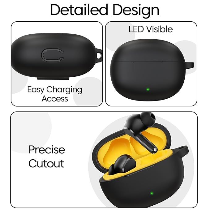Sounce Silicone Case Cover for Realme TechLife Buds T110 | With Carabiner & Keychain | Black
