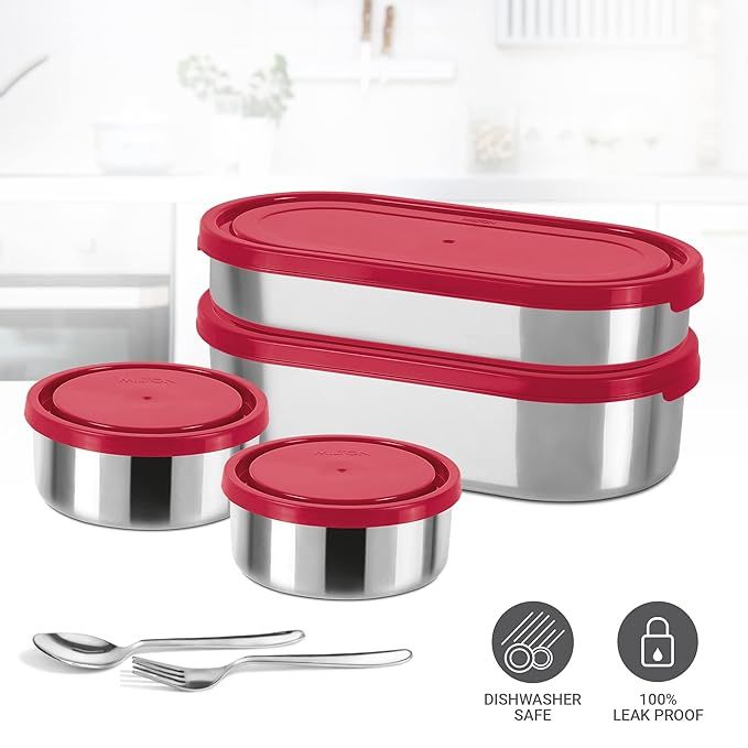 Milton Triple Decker Steel Lunch Box (2 Oval Container ; 2 Round Container & Spoons) With Bag, Red