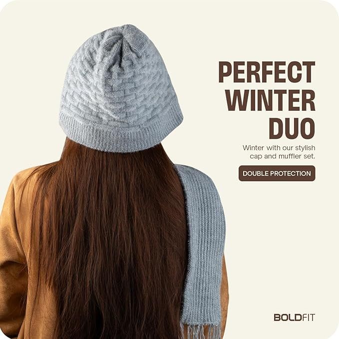 Boldfit Women's Woolen Cap With Mufflers Winter | Gray