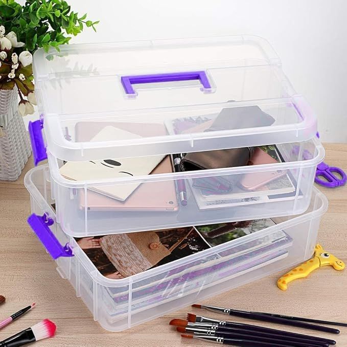 TEX-RO Plastic Purple Color Multipurpose Stationary Organizer with Lid Storage Basket 2 Layer