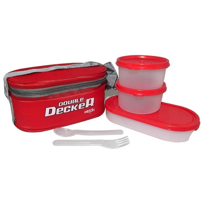 Milton Double Decker Lunch Box, Set Of 3, (450 Ml, 280 Ml, 280 Ml) Red, Microwave Safe