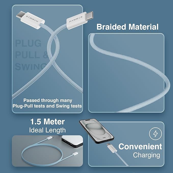 Hammer 65W Type C To Type C Braided Cable| Pd Fast Charging| Data Sync| 1.5 Meter (Blue)