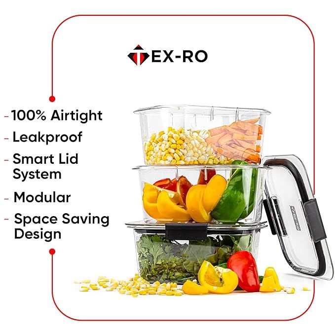 Tex-Ro Airtight Stackable Plastic Black Lock Container For Fridge Organizer Storage Box - Set Of 4
