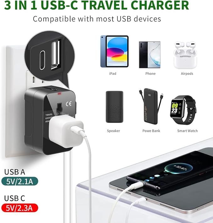 Basics IND Universal Travel Adapter with Type C & USB, 3 IN 1 Universal Adapter Plug White