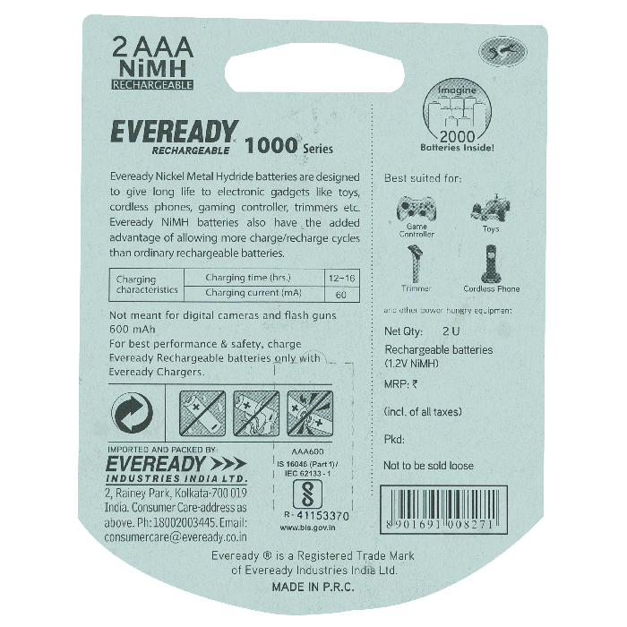 Eveready Rechargeable AAA BP2 600 NIMH Battery(1000 Series)