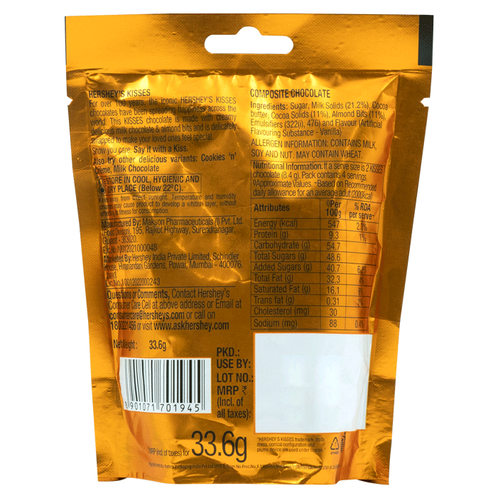 Hershey'S Kisses With Almonds Chocolate Share Bag 33 g Combo
