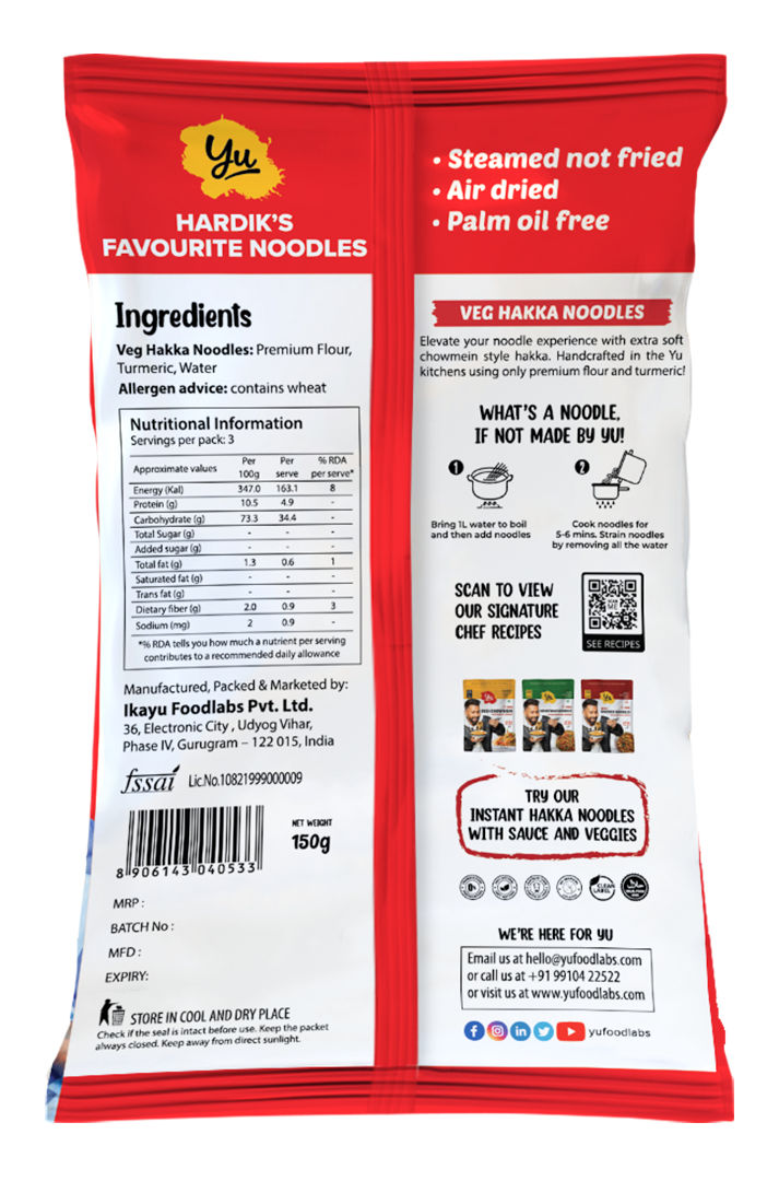 Yu Veg Hakka Noodles - Chowmein Style 150 g X 3 Combo