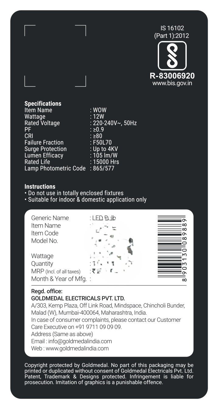 Goldmedal Wow 12W Led Bulb | Cool White | B22 Base Holder