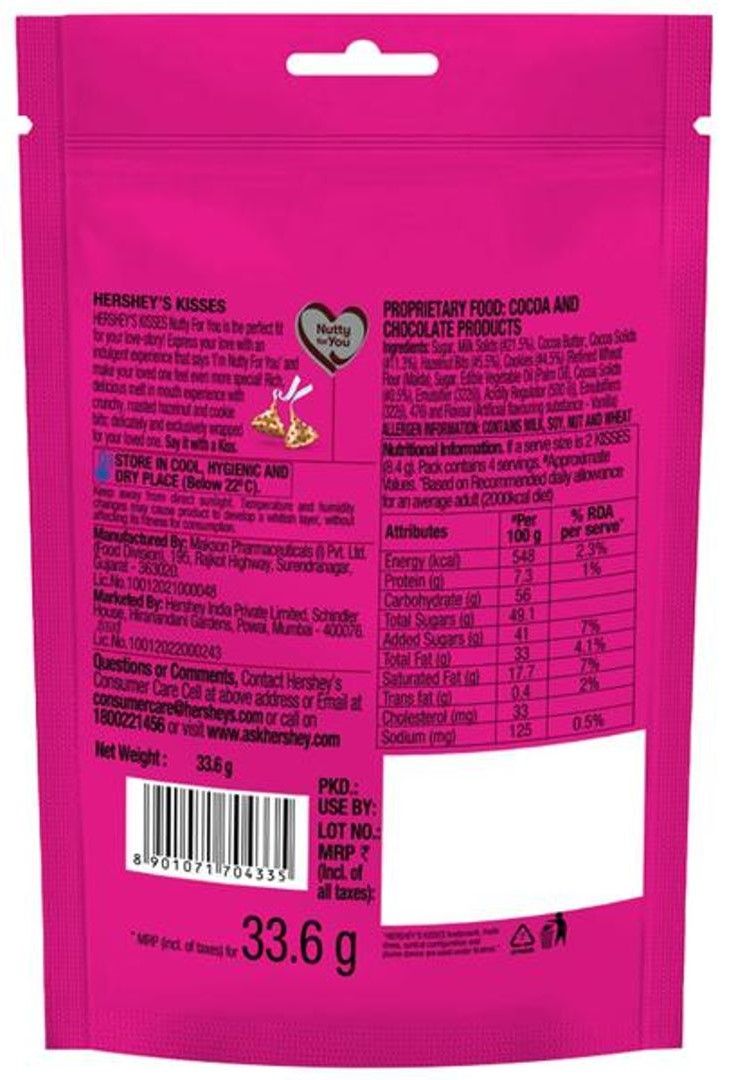 Hershey'S Kisses Hazelnut 'N' Cookies Chocolate Share Bag Small 33.6 g Combo