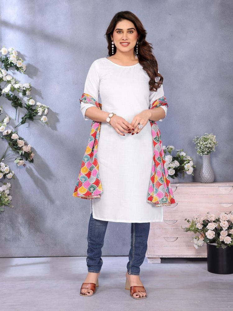 Riglozi White 3/4 Sleeves Cotton Made White Long Round Neck Regular wear Kurti for Women | M