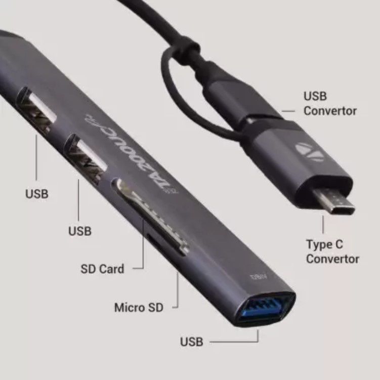 Zebronics Ta200Uc Pro, Type C Multiport Hub, Aluminum Body, Usb/Type C - Usb 3.0 | 3 X Usb