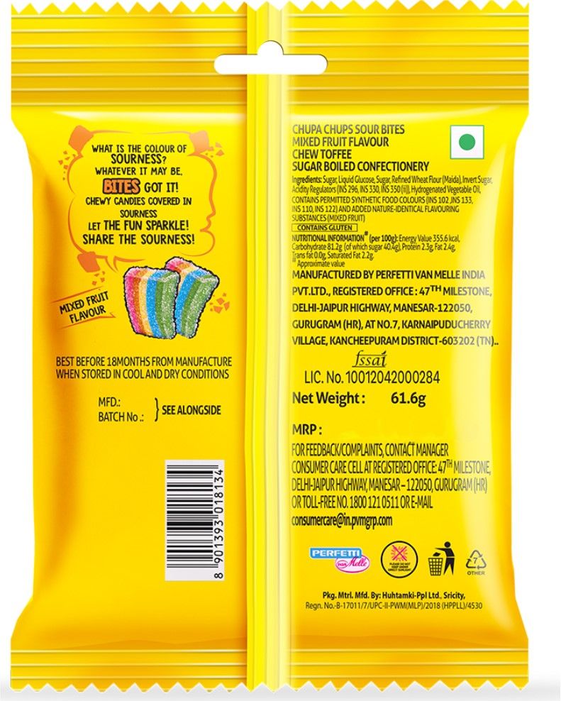 Chupa Chups Sour Bites Mixed Fruit Flavour Soft And Chewy Toffee