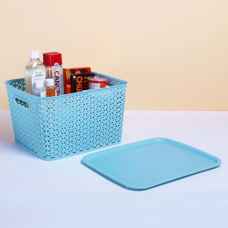 Kolorr Premium Elite Large Size Plastic Multipurpose Storage Baskets With Lids Pack Of 3-Mint Green