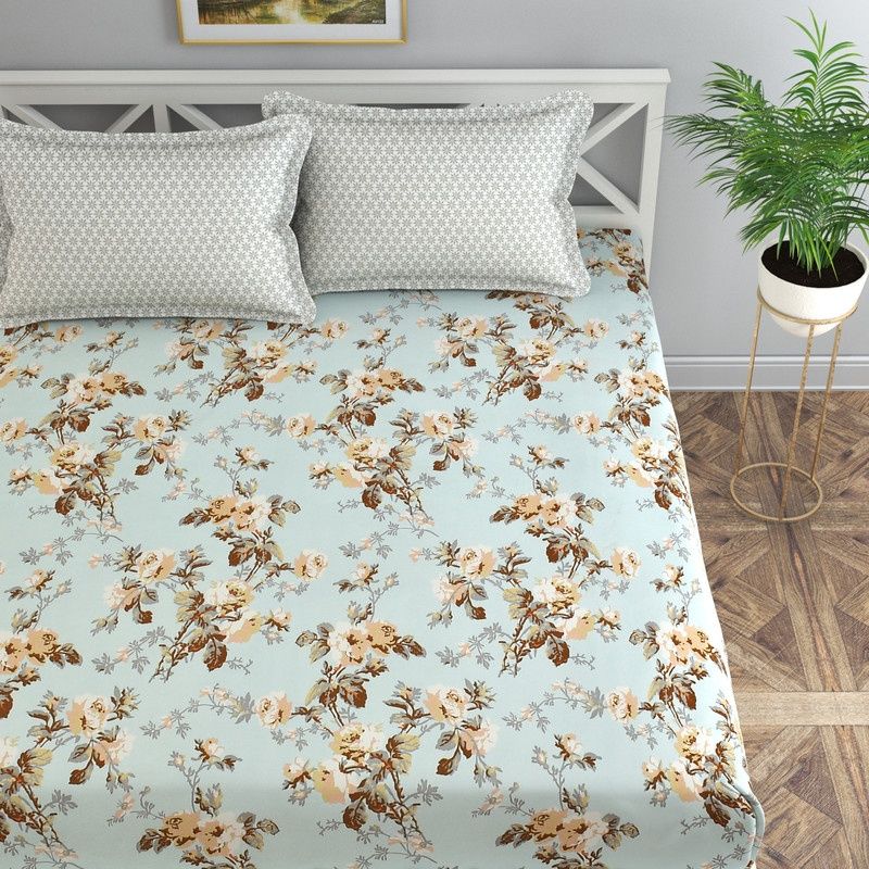 Florida Poly-Cotton King-Size Printed AC Comforter With 1 Bedsheet & 2 Pillow Cover Set - Blue