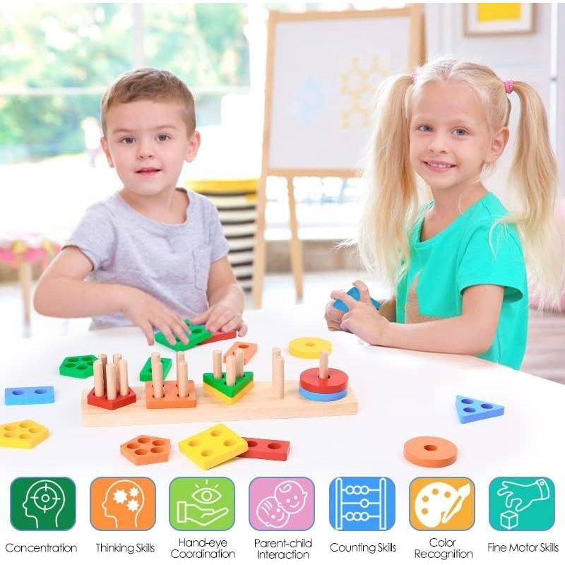 Fablue Wooden Geometric Shape Sorting And Stacking Blocks - Educational Learning Puzzle Toy
