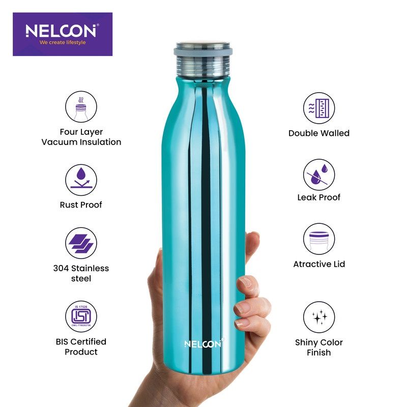 Nelcon Stark Vacuum Flask SS Bottle | School | Gym | ISI Certified| 1000 ml | Blue