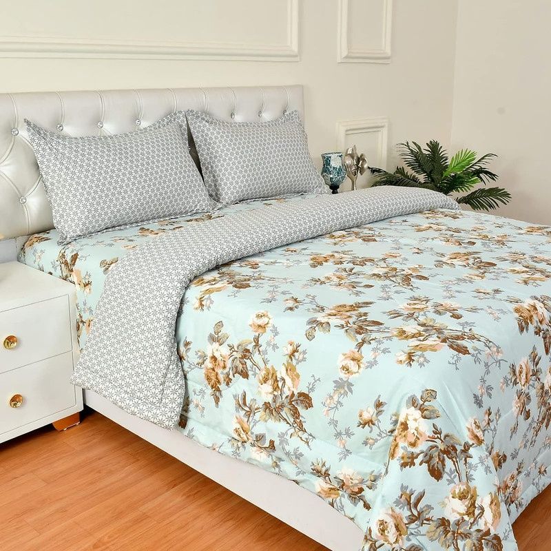 Florida Poly-Cotton King-Size Printed AC Comforter With 1 Bedsheet & 2 Pillow Cover Set - Blue