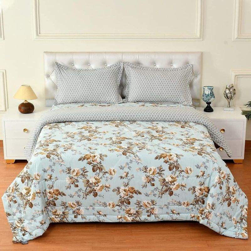 Florida Poly-Cotton King-Size Printed AC Comforter With 1 Bedsheet & 2 Pillow Cover Set - Blue
