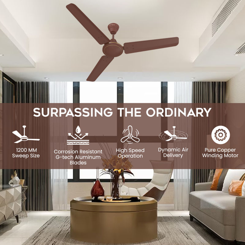 Polycab Nippy Ceiling Fan,1200mm,100% Copper,Corrosion Resistant G-Tech Blades,Matt Brown