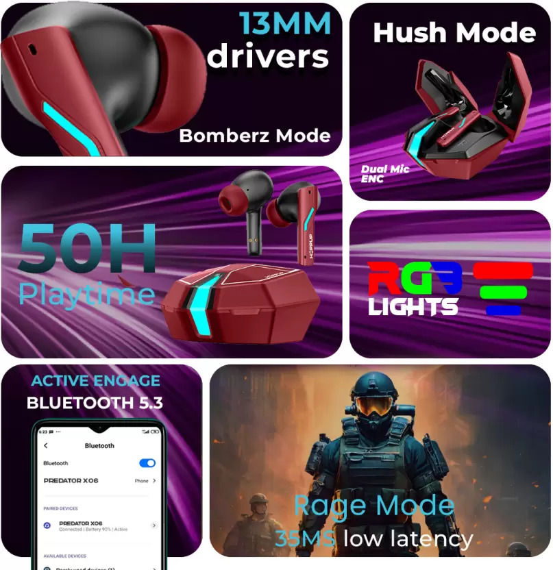 Hoppup Xo6 Gaming Earbuds With 35Ms Low Latency, Rgb Led, 13Mm Drivers (Red, True Wireless)