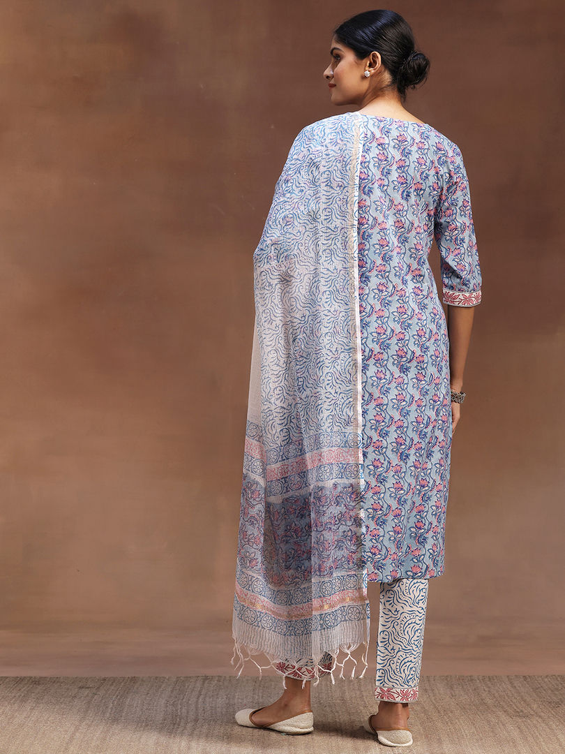 Libas Women's Blue Printed Cotton Straight Suit With Dupatta | L