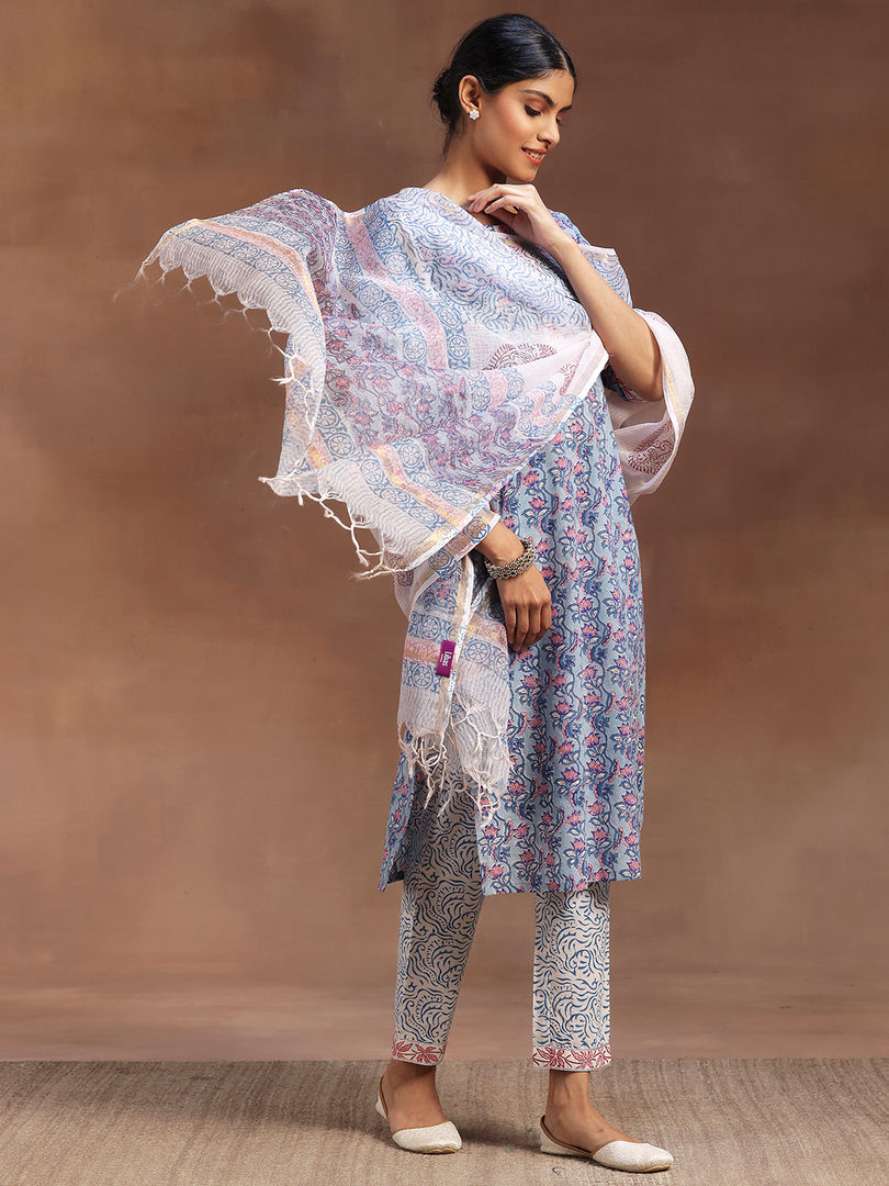 Libas Women's Blue Printed Cotton Straight Suit With Dupatta | L