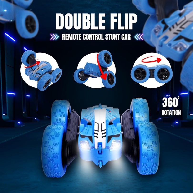 Fablue Double Flip Remote Control Stunt Car For Kids - 360 Degree Rotating Car Toy - Blue